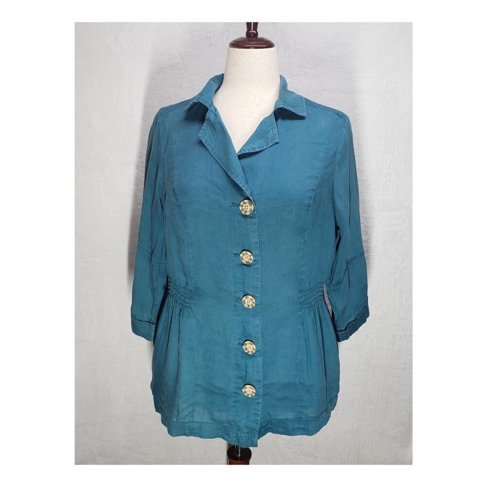 Dressbarn Women 14 16 Plus Teal Green 100% Linen Smocked Shirt Coastal Boho